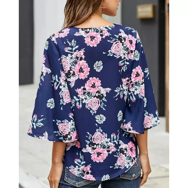 luvamia Womens V Neck Tops 34 Sleeve Tie Knot Floral Blouses Button Down ShirtsFloral Print  Pageant Blue