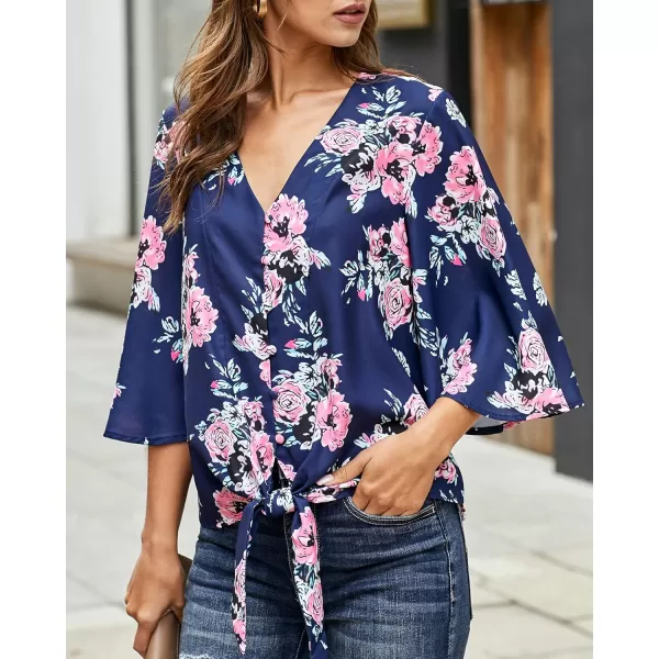 luvamia Womens V Neck Tops 34 Sleeve Tie Knot Floral Blouses Button Down ShirtsFloral Print  Pageant Blue