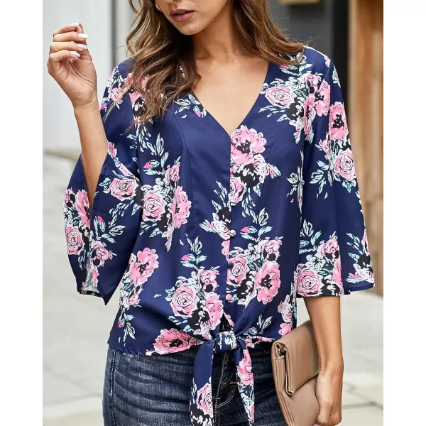 luvamia Womens V Neck Tops 34 Sleeve Tie Knot Floral Blouses Button Down ShirtsFloral Print  Pageant Blue