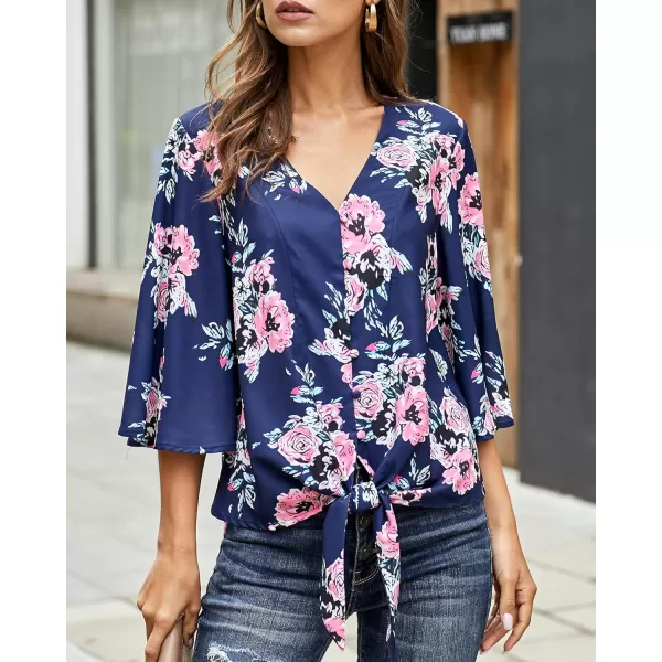 luvamia Womens V Neck Tops 34 Sleeve Tie Knot Floral Blouses Button Down ShirtsFloral Print  Pageant Blue