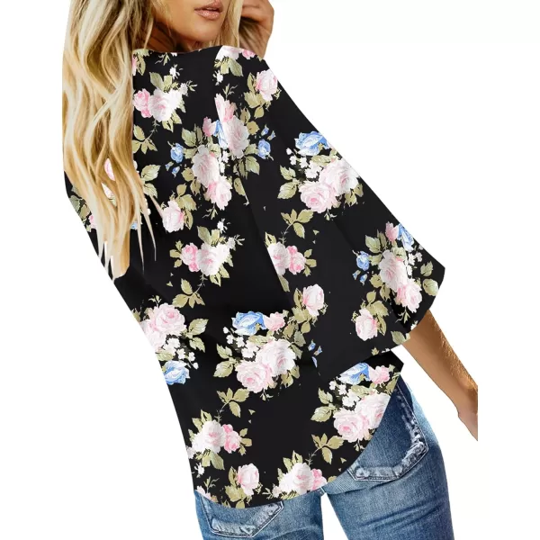 luvamia Womens V Neck Tops 34 Sleeve Tie Knot Floral Blouses Button Down ShirtsFloral Print Black