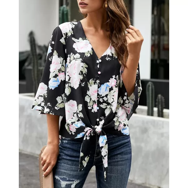 luvamia Womens V Neck Tops 34 Sleeve Tie Knot Floral Blouses Button Down ShirtsFloral Print Black