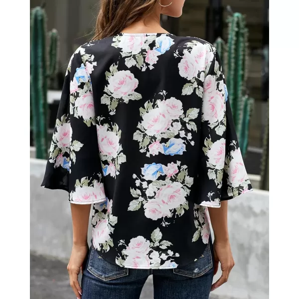 luvamia Womens V Neck Tops 34 Sleeve Tie Knot Floral Blouses Button Down ShirtsFloral Print Black