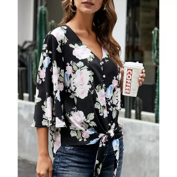 luvamia Womens V Neck Tops 34 Sleeve Tie Knot Floral Blouses Button Down ShirtsFloral Print Black