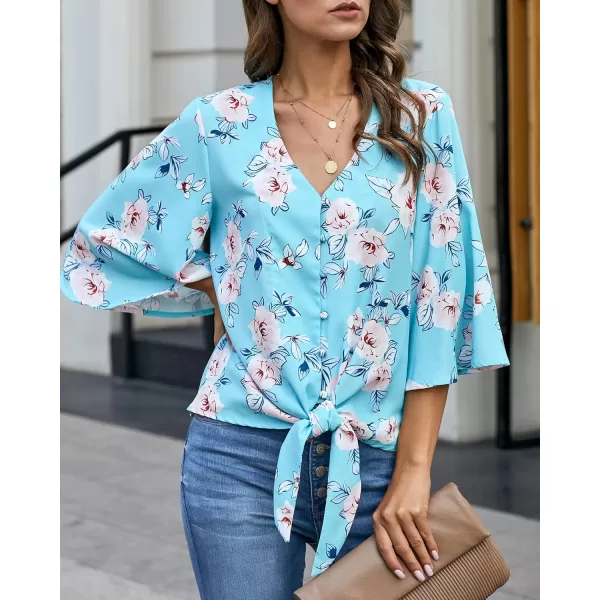 luvamia Womens V Neck Tops 34 Sleeve Tie Knot Floral Blouses Button Down ShirtsFloral Print Blue Topaz