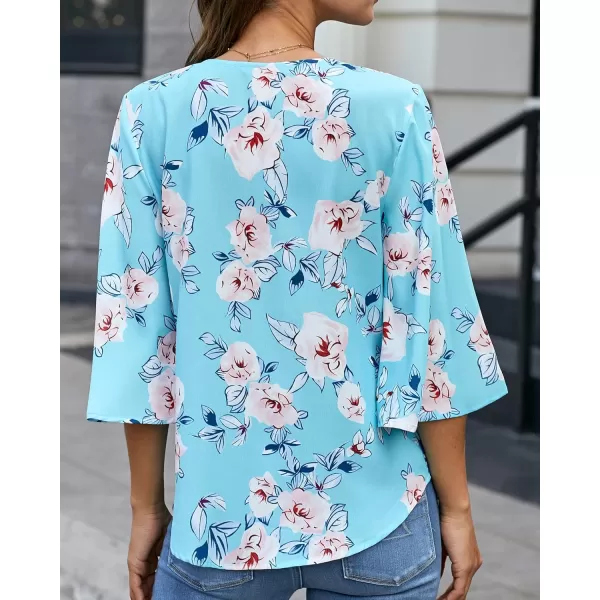 luvamia Womens V Neck Tops 34 Sleeve Tie Knot Floral Blouses Button Down ShirtsFloral Print Blue Topaz