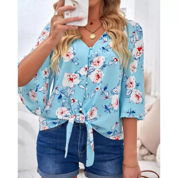 luvamia Womens V Neck Tops 34 Sleeve Tie Knot Floral Blouses Button Down ShirtsFloral Print Blue Topaz