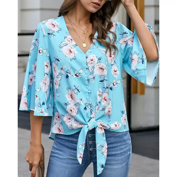 luvamia Womens V Neck Tops 34 Sleeve Tie Knot Floral Blouses Button Down ShirtsFloral Print Blue Topaz