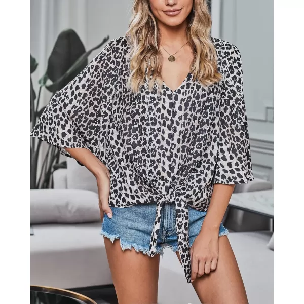 luvamia Womens V Neck Tops 34 Sleeve Tie Knot Floral Blouses Button Down ShirtsLeopard Print