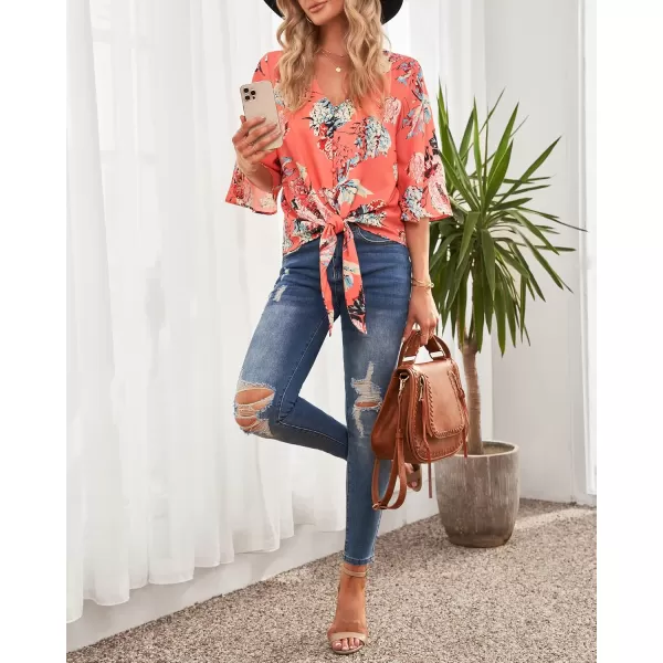 luvamia Womens V Neck Tops 34 Sleeve Tie Knot Floral Blouses Button Down ShirtsOrange
