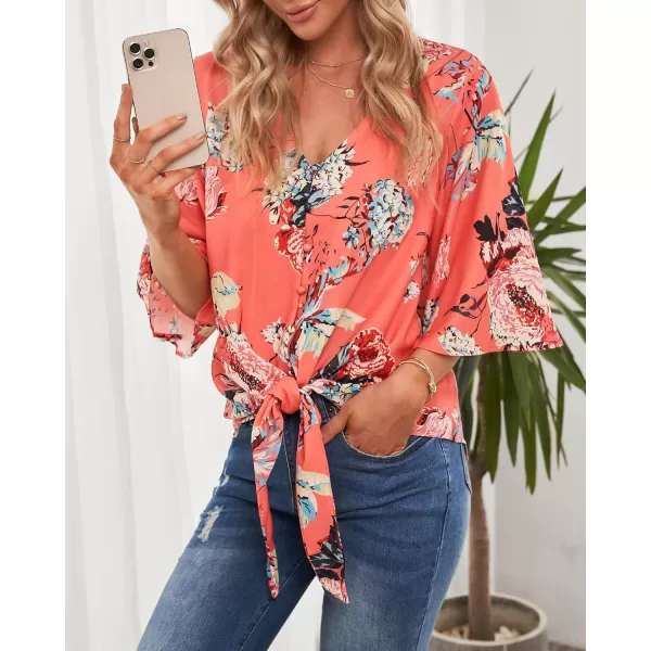 luvamia Womens V Neck Tops 34 Sleeve Tie Knot Floral Blouses Button Down ShirtsOrange