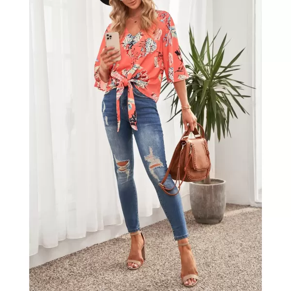 luvamia Womens V Neck Tops 34 Sleeve Tie Knot Floral Blouses Button Down ShirtsOrange