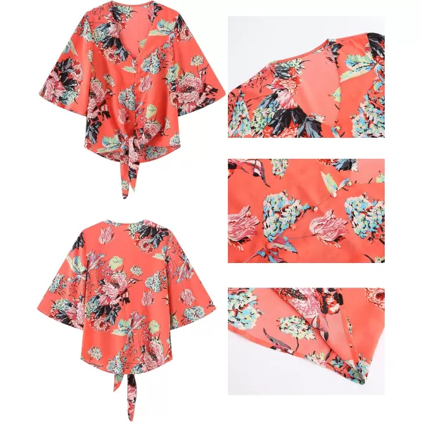 luvamia Womens V Neck Tops 34 Sleeve Tie Knot Floral Blouses Button Down ShirtsOrange