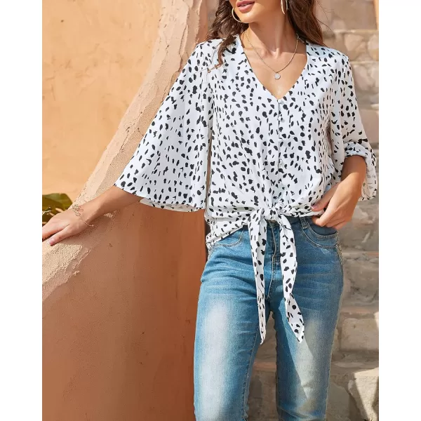 luvamia Womens V Neck Tops 34 Sleeve Tie Knot Floral Blouses Button Down ShirtsWhite Leopard Print