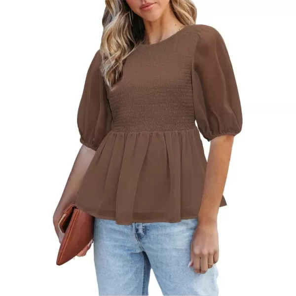 luvamia 2023 Blouses for Women Dressy Casual Flowy Peplum Tops Puff Sleeve Smocked Elegant Summer Dress ShirtFriar Brown