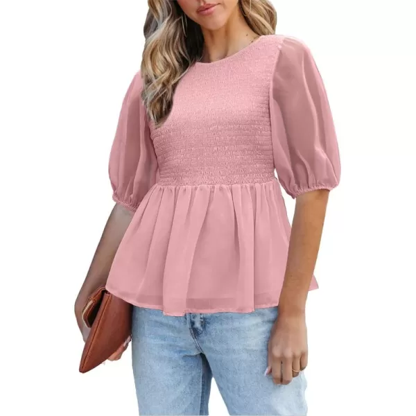 luvamia 2023 Blouses for Women Dressy Casual Flowy Peplum Tops Puff Sleeve Smocked Elegant Summer Dress ShirtPowder Pink