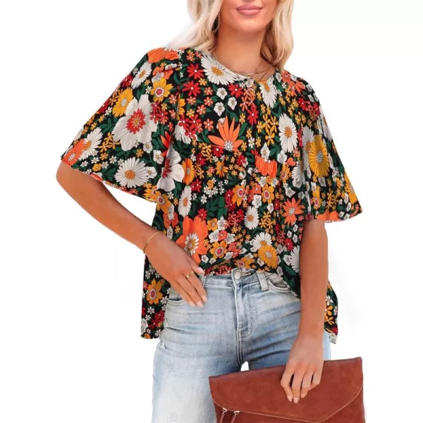 luvamia 2024 Blouses for Women Dressy Casual Floral Boho Babydoll Flowy Tops Summer Short Bell Sleeves ShirtsBlack Orange Floral