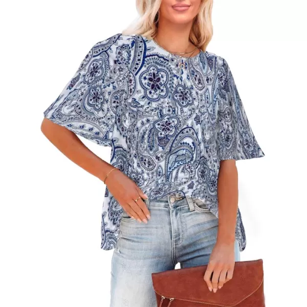 luvamia 2024 Blouses for Women Dressy Casual Floral Boho Babydoll Flowy Tops Summer Short Bell Sleeves ShirtsPaisley Blue