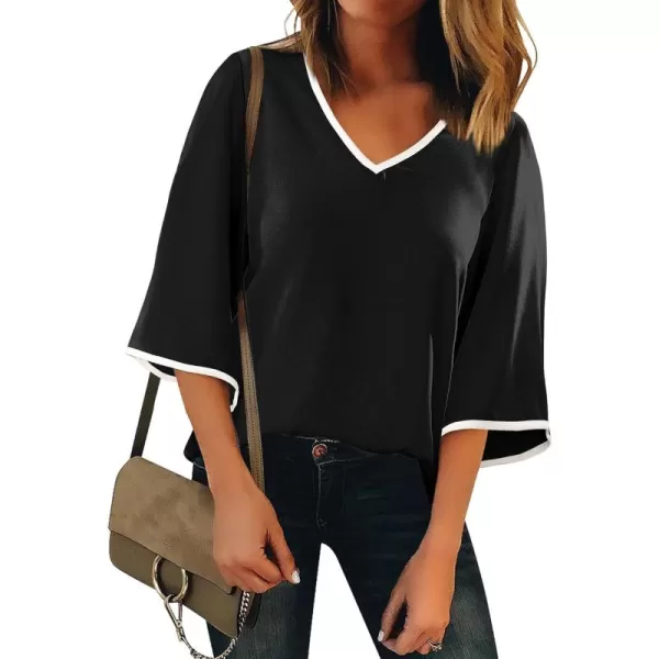 luvamia Blouses for Women Dressy Casual 34 Length Bell Sleeve Trendy Shirts Color Block Flowy Business Casual Work TopsBlack