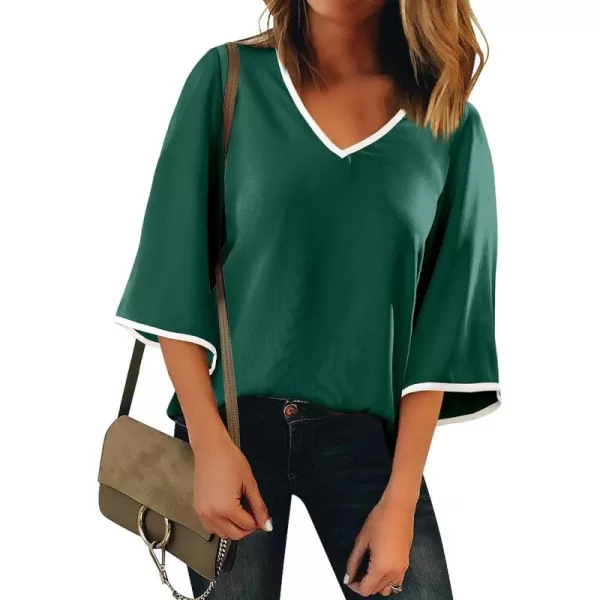 luvamia Blouses for Women Dressy Casual 34 Length Bell Sleeve Trendy Shirts Color Block Flowy Business Casual Work TopsEvergreen