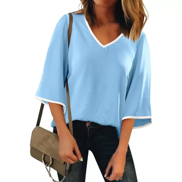 luvamia Blouses for Women Dressy Casual 34 Length Bell Sleeve Trendy Shirts Color Block Flowy Business Casual Work TopsLight Blue