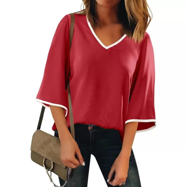 luvamia Blouses for Women Dressy Casual 34 Length Bell Sleeve Trendy Shirts Color Block Flowy Business Casual Work TopsRed