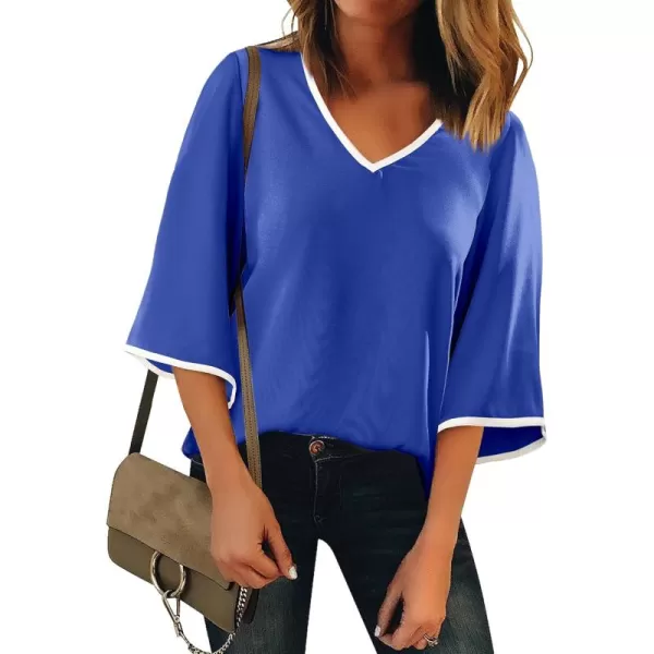 luvamia Blouses for Women Dressy Casual 34 Length Bell Sleeve Trendy Shirts Color Block Flowy Business Casual Work TopsRoyal Blue