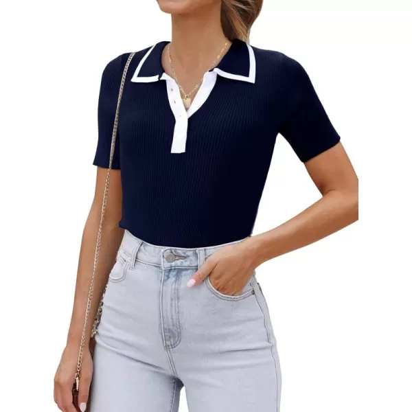 luvamia Blouses for Women Dressy Casual Knit Trendy Tops Summer Short Sleeve Color Block Button Up Collared Polo ShirtNavy Blue