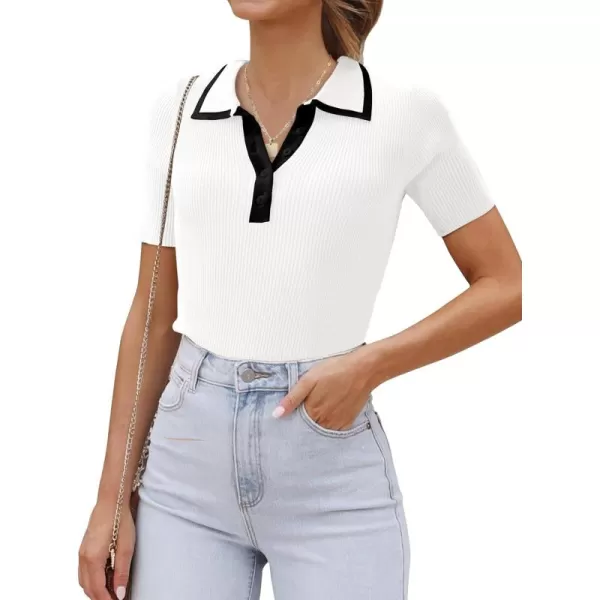 luvamia Blouses for Women Dressy Casual Knit Trendy Tops Summer Short Sleeve Color Block Button Up Collared Polo ShirtWhite