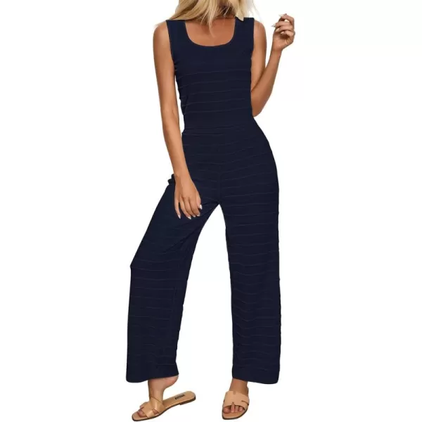 luvamia Knitted 2 Piece Sets for Women Summer Ribbed Tank Top with High Waisted Wide Leg Ankle Crop Pants Sets VacationNavy Blue