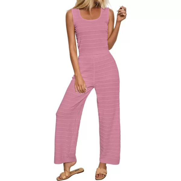 luvamia Knitted 2 Piece Sets for Women Summer Ribbed Tank Top with High Waisted Wide Leg Ankle Crop Pants Sets VacationPink