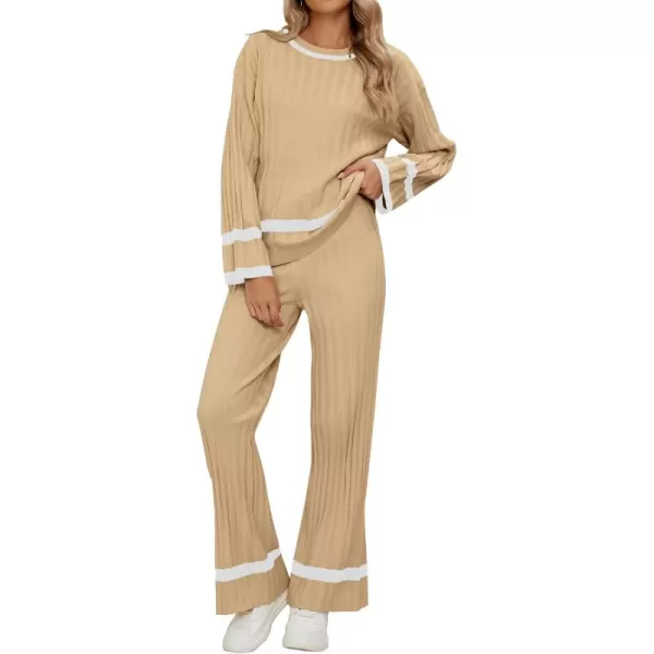 luvamia Lounge Set for Women Knit 2 Piece Outfit Trendy Fall Matching Sets Sweater Loungewear Sets Color Block WinterAlmond Buff