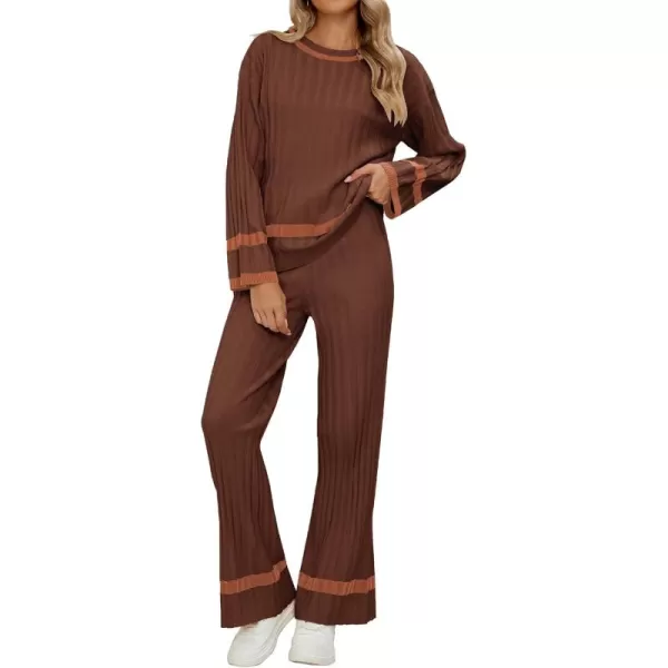 luvamia Lounge Set for Women Knit 2 Piece Outfit Trendy Fall Matching Sets Sweater Loungewear Sets Color Block WinterBrown