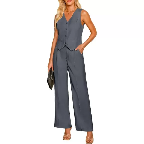 luvamia Pant Suits for Women Dressy Casual 2 Piece Sets Sleeveless Blazer Vest with High Rise Wide Leg Pants Work OfficeGray