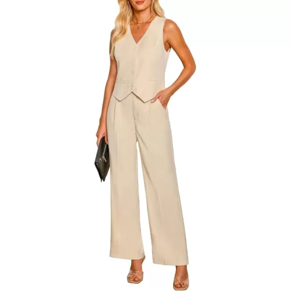 luvamia Pant Suits for Women Dressy Casual 2 Piece Sets Sleeveless Blazer Vest with High Rise Wide Leg Pants Work OfficeLight Beige