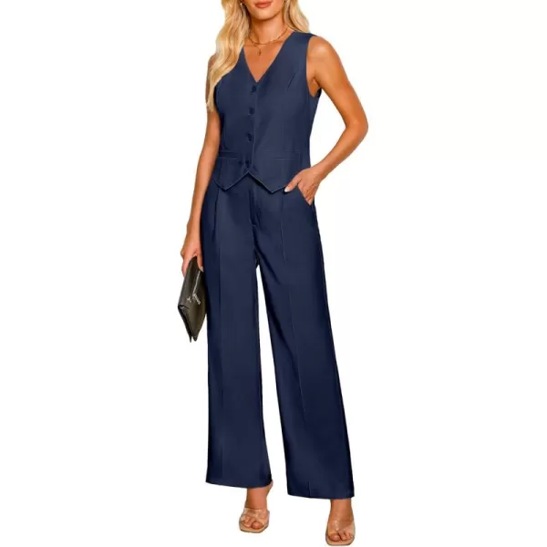 luvamia Pant Suits for Women Dressy Casual 2 Piece Sets Sleeveless Blazer Vest with High Rise Wide Leg Pants Work OfficeNavy