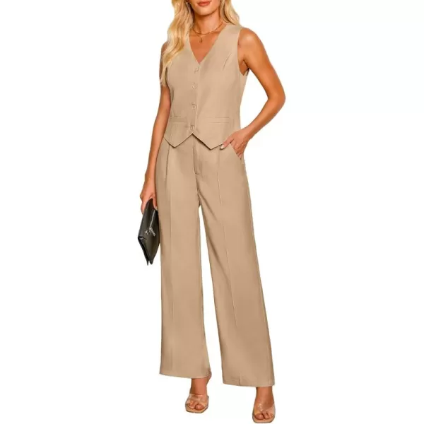 luvamia Pant Suits for Women Dressy Casual 2 Piece Sets Sleeveless Blazer Vest with High Rise Wide Leg Pants Work OfficeTan