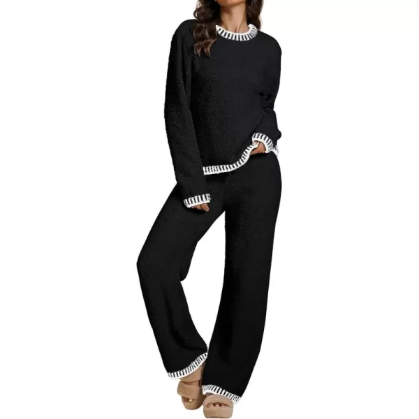 luvamia Two Piece Lounge Sets for Women Fuzzy Long Sleeve Knitted Sweater Contrast Trim Casual Warm Pajama Matching SetBlack