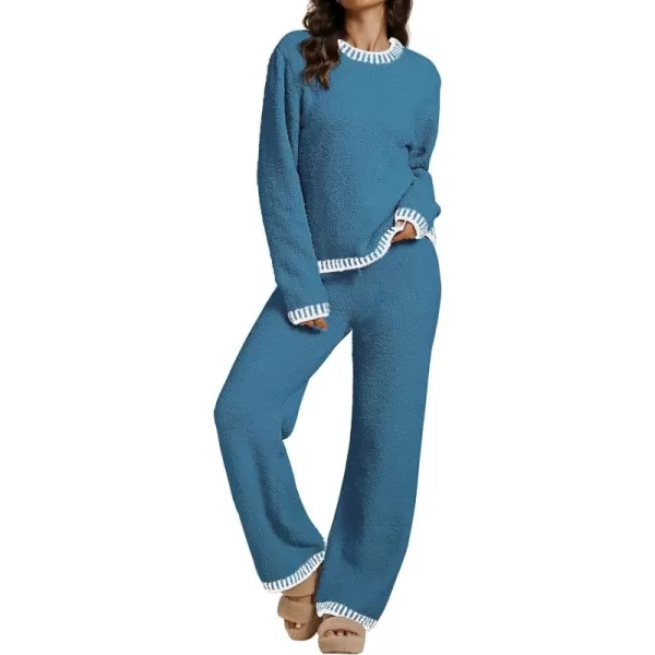 luvamia Two Piece Lounge Sets for Women Fuzzy Long Sleeve Knitted Sweater Contrast Trim Casual Warm Pajama Matching SetBlue Gray