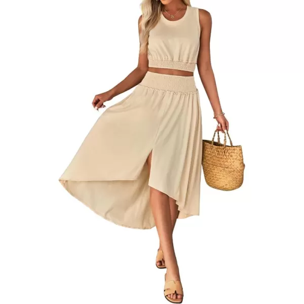 luvamia Two Piece Skirt Sets for Women Smocked Crop Top High Waisted High Low Split Maxi Skirt Co Ord Matching Dress SetBeige