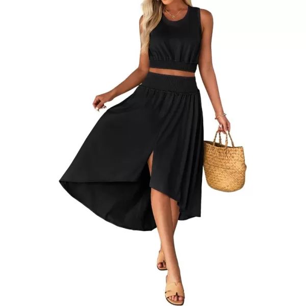 luvamia Two Piece Skirt Sets for Women Smocked Crop Top High Waisted High Low Split Maxi Skirt Co Ord Matching Dress SetBlack