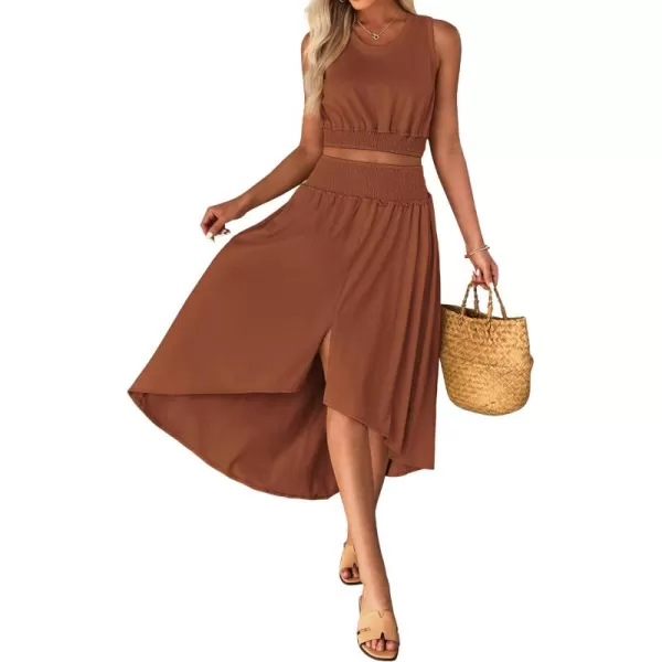 luvamia Two Piece Skirt Sets for Women Smocked Crop Top High Waisted High Low Split Maxi Skirt Co Ord Matching Dress SetBrown