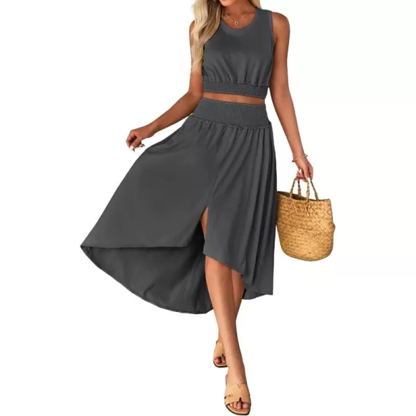 luvamia Two Piece Skirt Sets for Women Smocked Crop Top High Waisted High Low Split Maxi Skirt Co Ord Matching Dress SetDark Gray