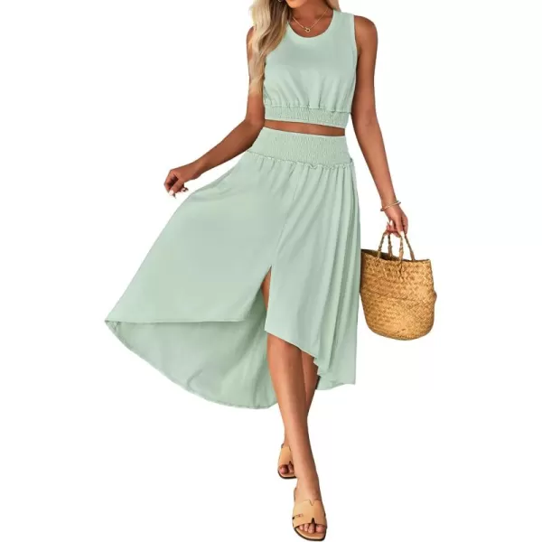 luvamia Two Piece Skirt Sets for Women Smocked Crop Top High Waisted High Low Split Maxi Skirt Co Ord Matching Dress SetPale Green