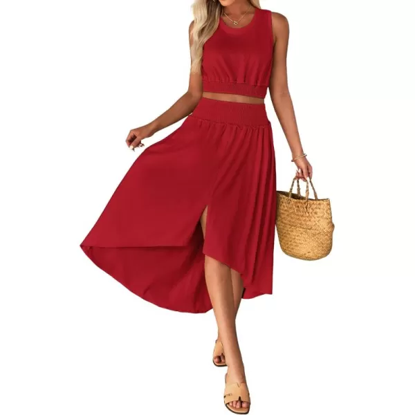 luvamia Two Piece Skirt Sets for Women Smocked Crop Top High Waisted High Low Split Maxi Skirt Co Ord Matching Dress SetTango Red