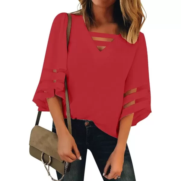 luvamia Women Casual Strappy V Neck Blouse 34 Bell Sleeve Mesh Panel Shirts TopB Fiery Red