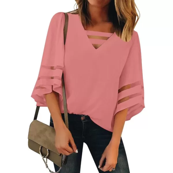 luvamia Women Casual Strappy V Neck Blouse 34 Bell Sleeve Mesh Panel Shirts TopB Rosette