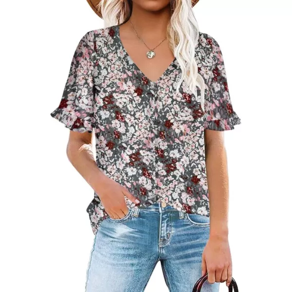 luvamia Womens Casual V Neck Tops Ruffle Short Sleeve Blouses Button Down ShirtsB Gray Floral