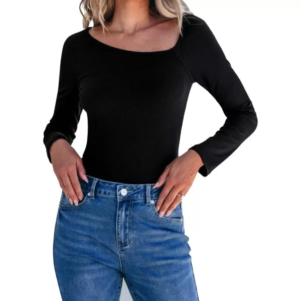 luvamia Womens Long Sleeve Tops Asymmetrical Neck Shirts Trendy Fall Clothes Going Out Stretchy Top Fitted BlousesBlack