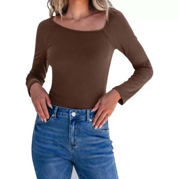 luvamia Womens Long Sleeve Tops Asymmetrical Neck Shirts Trendy Fall Clothes Going Out Stretchy Top Fitted BlousesChocolate Brown